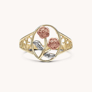 14K Gold Tricolor Two Rose Scroll Ring