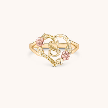 10K Gold Flower Initial Heart Ring
